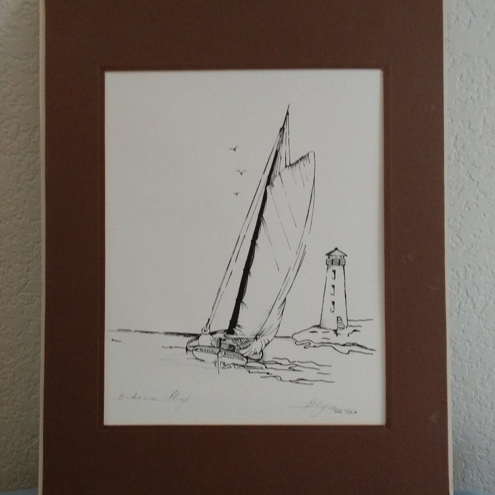 ELYSE SIGNED BAHAMA SLOOP MATTED PRINT NASSAU
